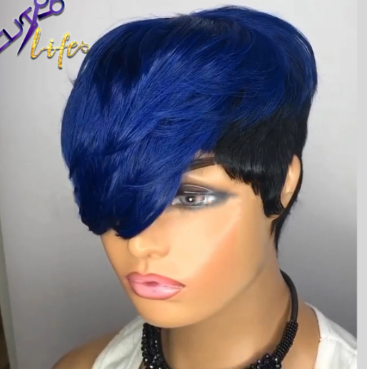 Blue Ombre Wavy Color Short Straight Bob Pixie