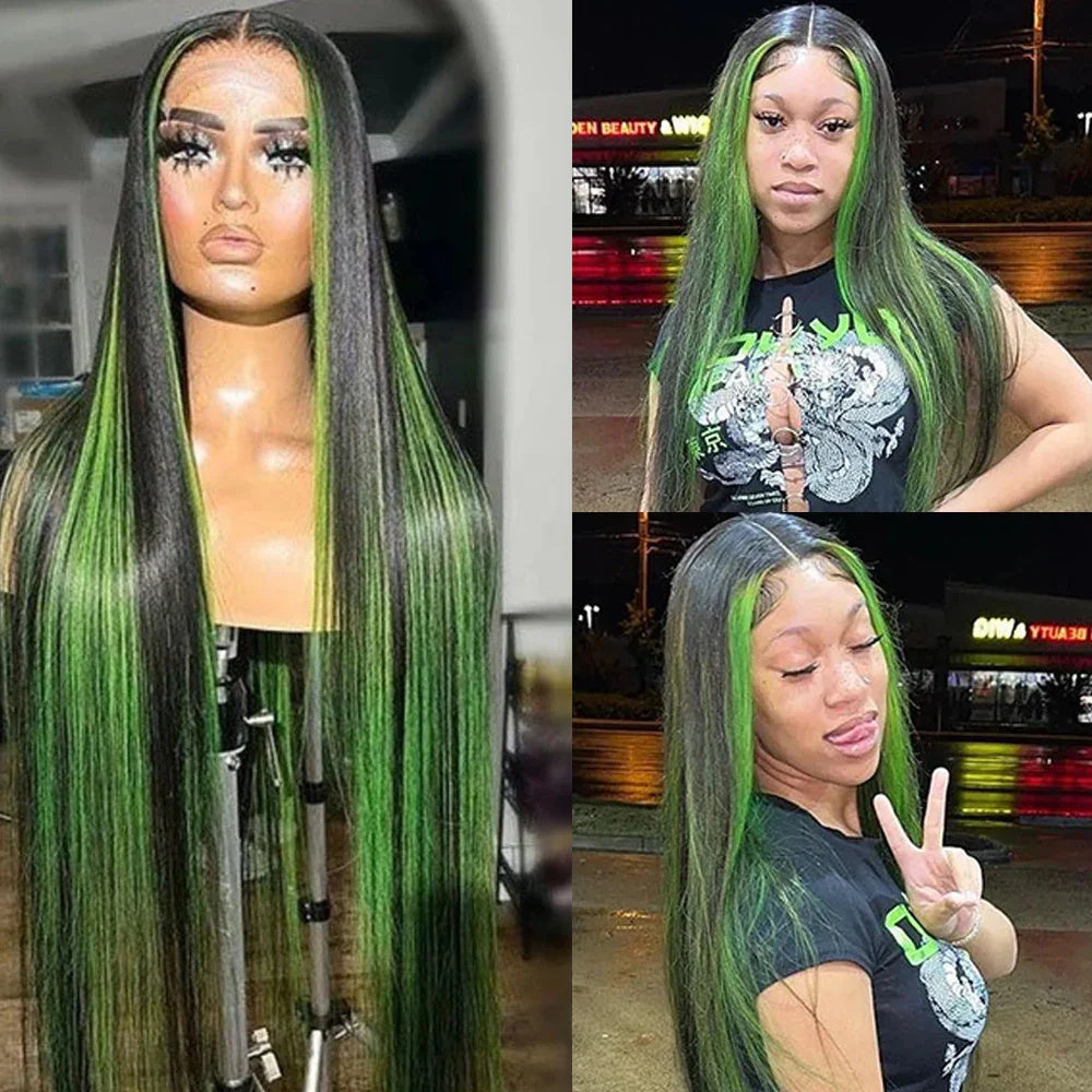 Green Highlight Straight Hair Lace Wig