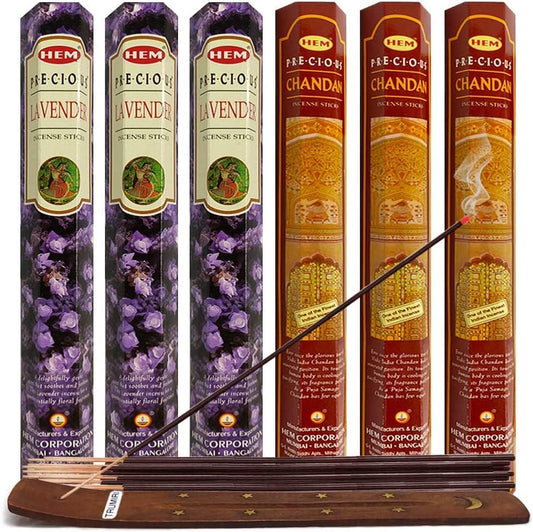 Precious Lavender Incense Sticks and Precious Chandan Sandalwood Incense Sticks with Incense Holder Bundle for Spiritual Décor and Home Fragrance