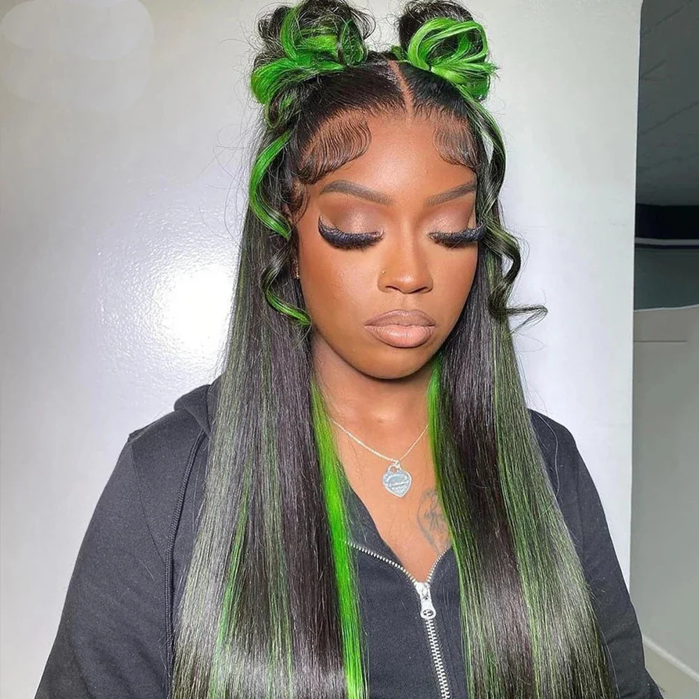 Green Highlight Straight Hair Lace Wig