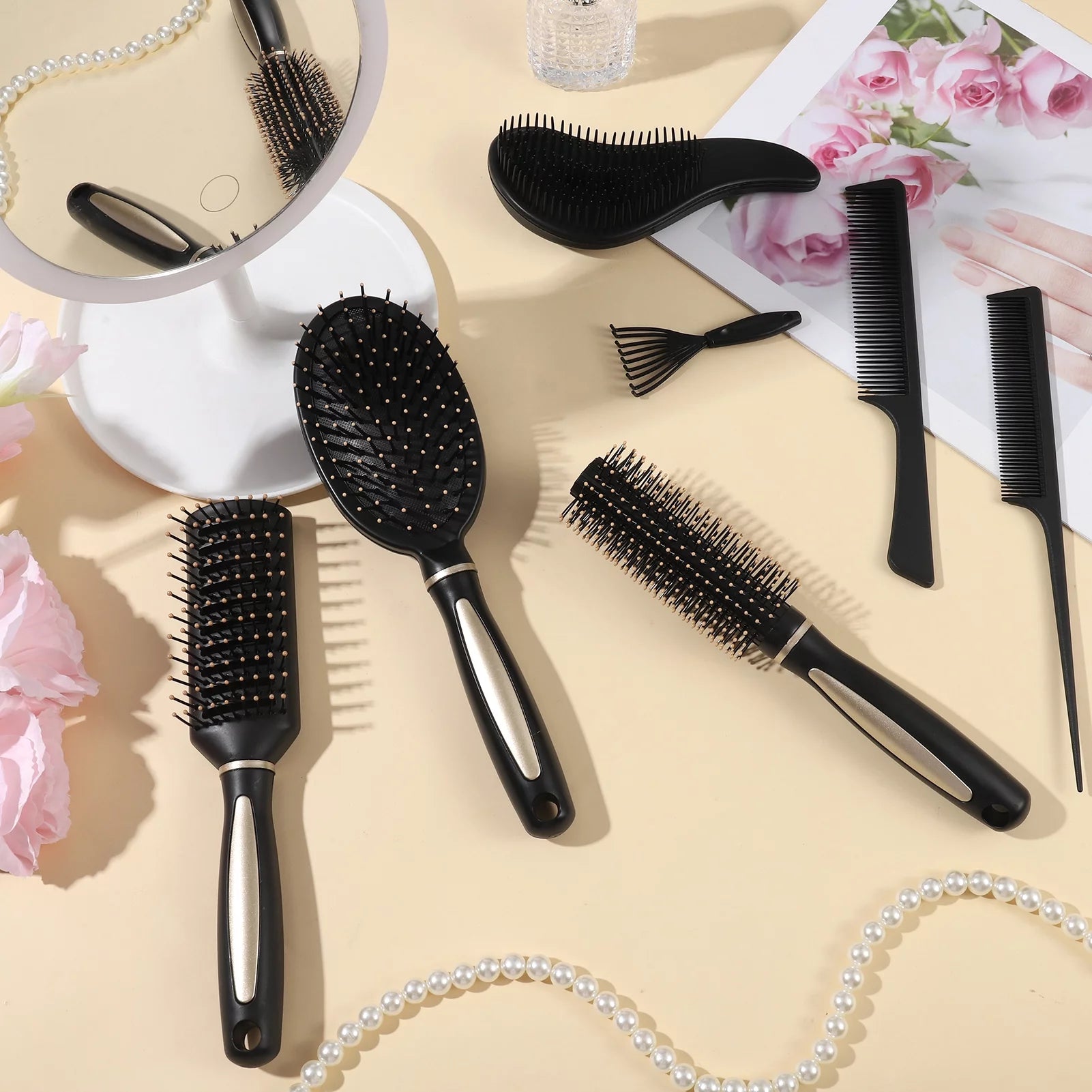 7 Pcs Hair Brush and Comb Set round Brush Paddle Brush Detangle Hair Brush and Combs Wet Dry Brush for Women Men Hair Styling(Black 7)