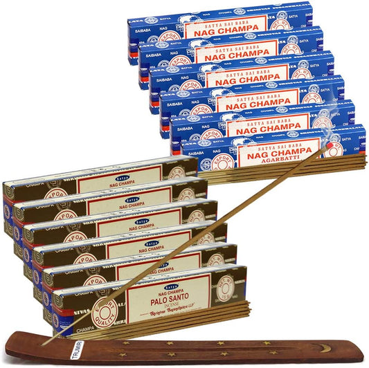 Nag Champa Incense Sticks and Palo Santo Incense Sticks with Incense Holder Bundle for Home Fragrance and Spiritual Décor