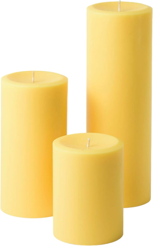 - Assorted Unscented Solid Color Pillar Candles (Set of 3) for Home Décor, Wedding Receptions (Yellow)