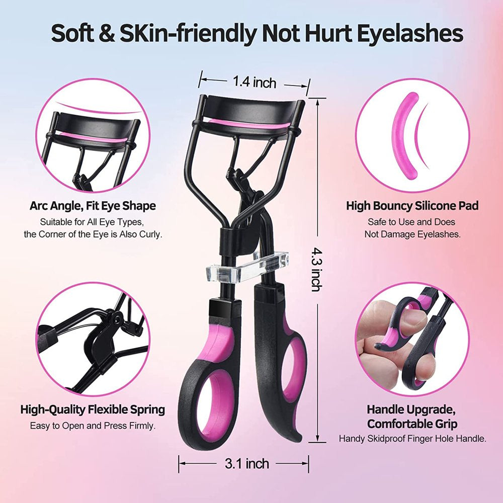 Eyelash Curlers Kit for Women W Lash Curler, Eyelash Comb Seperator, 3 In1 Mascara Brushes, Eyelash Extension Tweezers, Foldable Eyebrow Brush and Comb, 6 Silicone Refills Pads for Natural Eyelashes